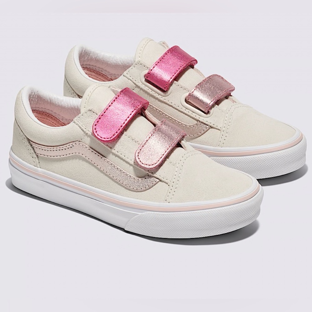 Vans Little Kids Old Skool V Marshmallow White and Metallic Pink Sneakers